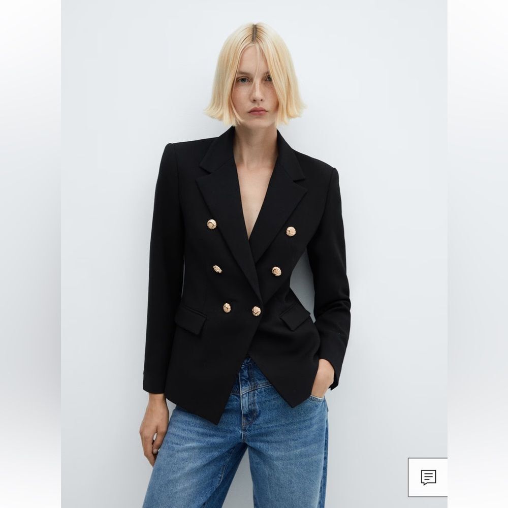 Mango Black Double-Breasted Blazer with Gold Buttons